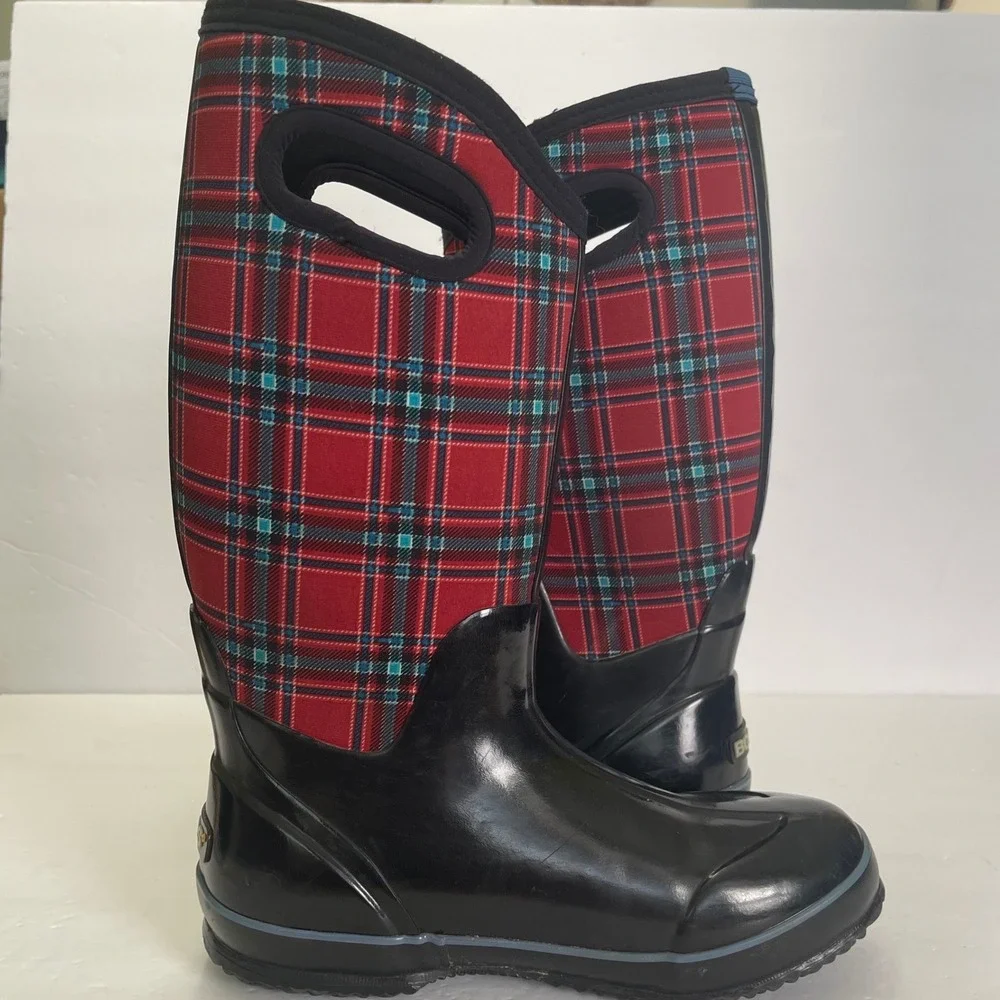 Bogs Classic Winter Plaid Waterproof Boots Red Blue Tartan Womens 8 Neo-Tech